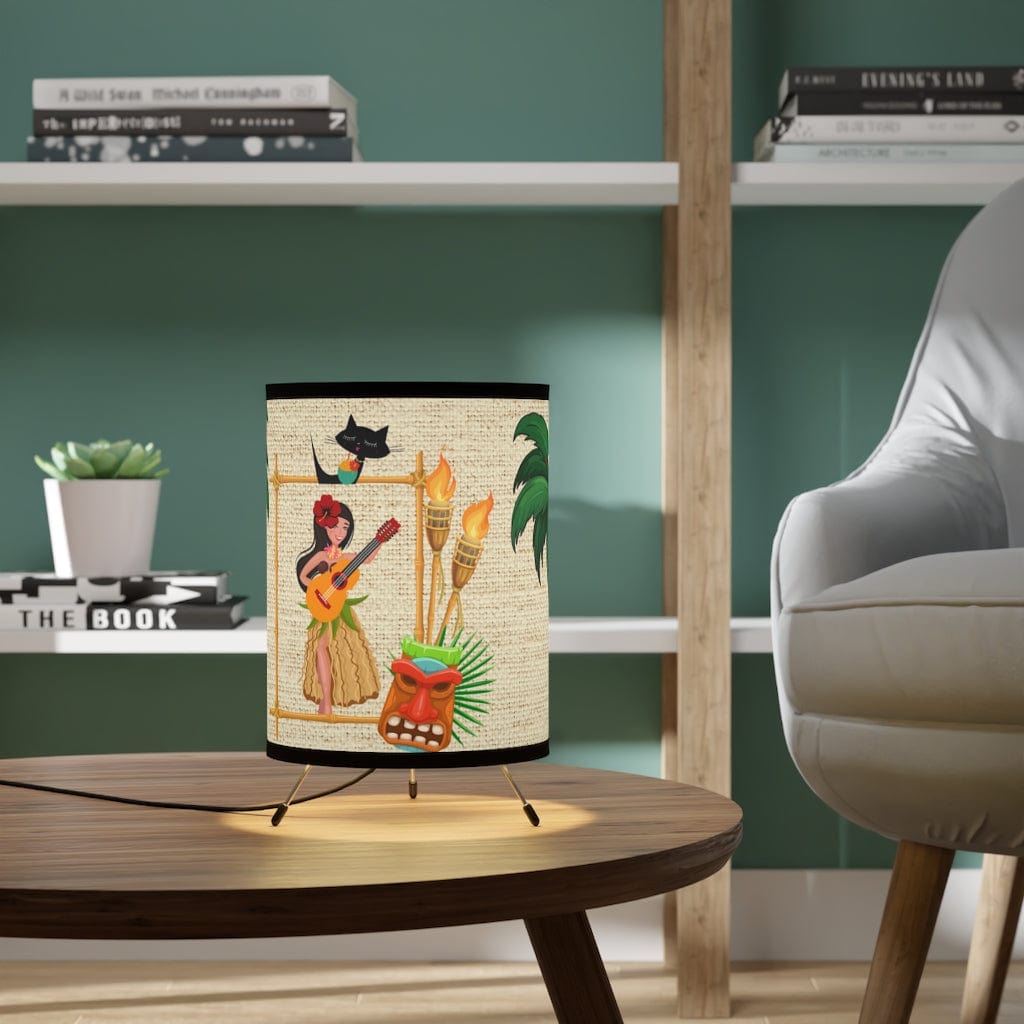 Retro Hawaiian, Tiki Bar, Tiki Décor Lamp, Atomic Cat, Palm Trees, Parrots, Tropical Mid Mod, MCM Tripod Lamp Home Decor One size / Black