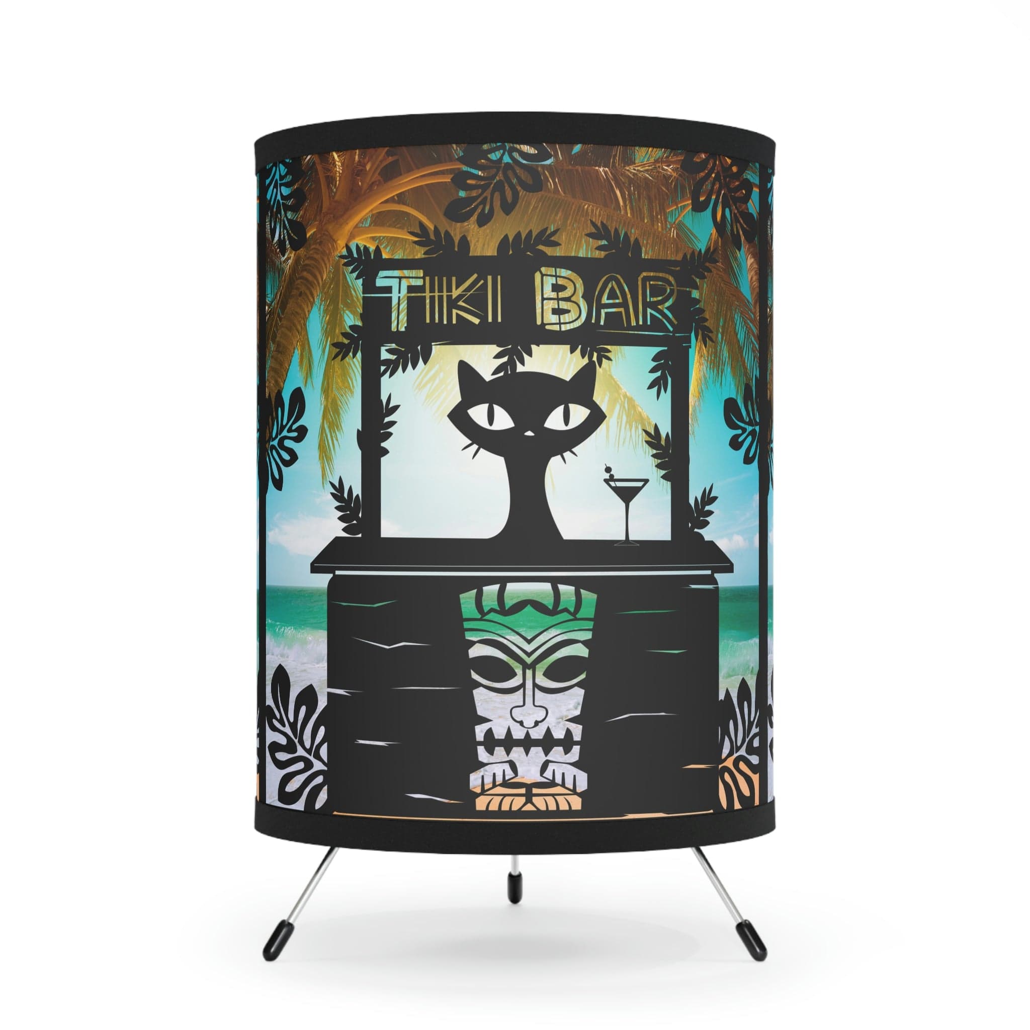 Tiki Bar Decor, Atomic Mod Cat, Mid Century Modern, Kitsch, Tropical Beach Decor, Tripod Lamp Home Decor One size / Black