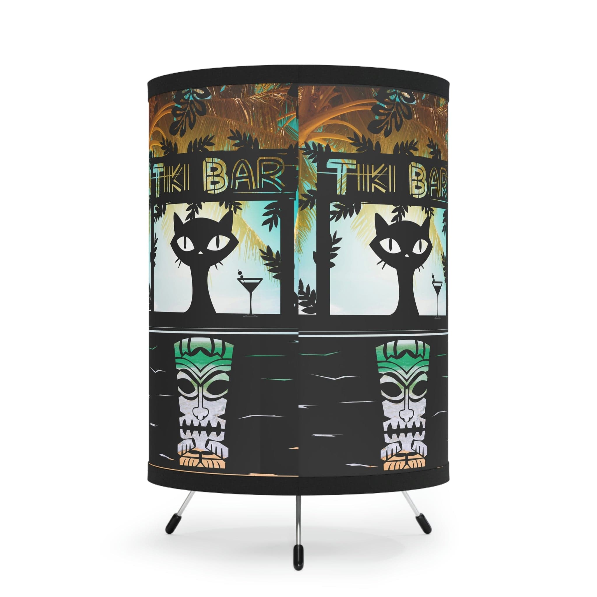 Tiki Bar Decor, Atomic Mod Cat, Mid Century Modern, Kitsch, Tropical Beach Decor, Tripod Lamp Home Decor One size / Black