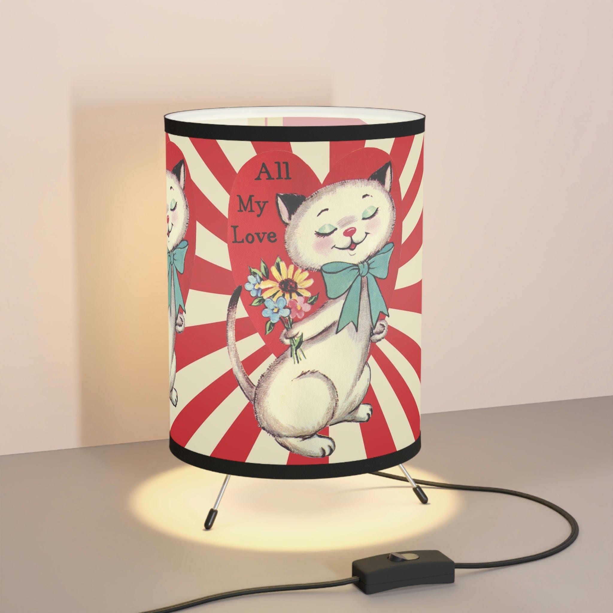 Vintage Valentine Kitschy Cat All My Love, Valentine, Red, Groovy, LOVE, Mid Mod Retro Tripod Lamp Home Decor One size / Black
