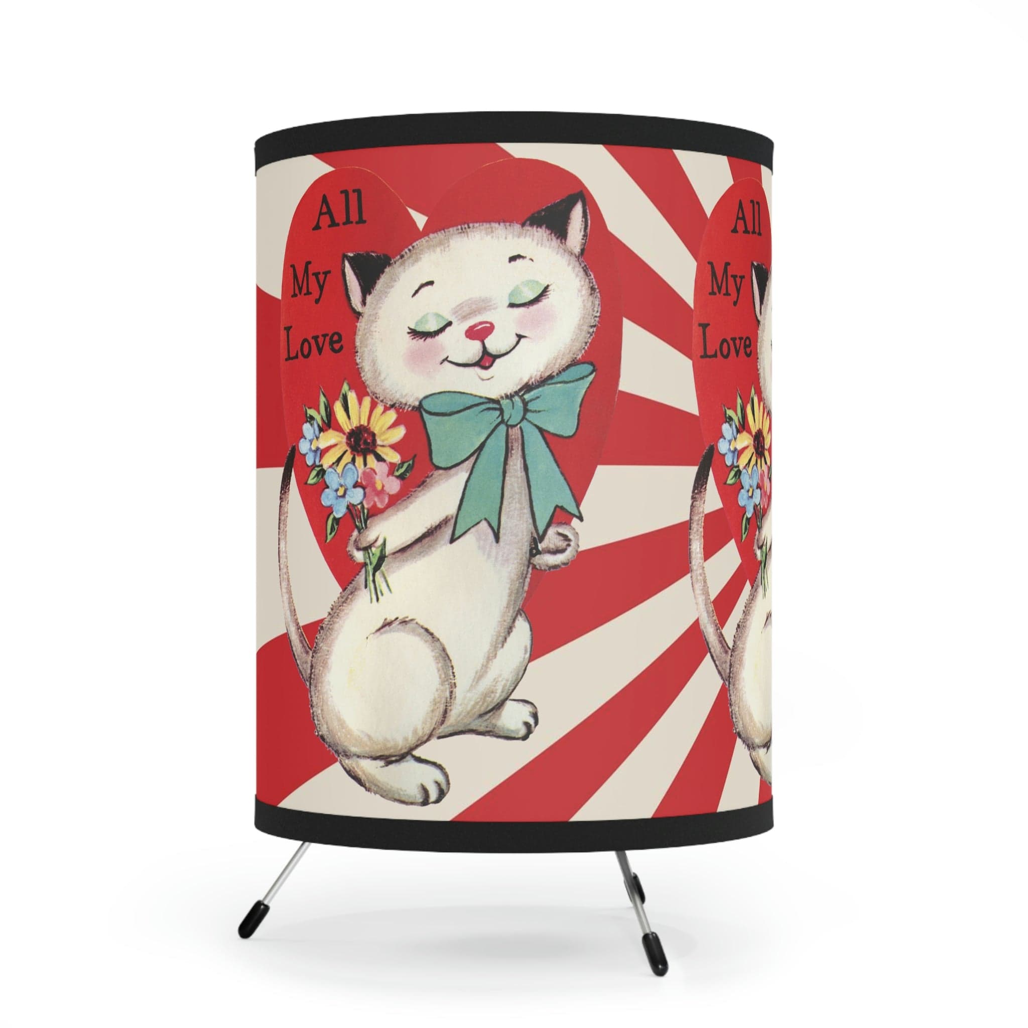 Vintage Valentine Kitschy Cat All My Love, Valentine, Red, Groovy, LOVE, Mid Mod Retro Tripod Lamp Home Decor One size / Black