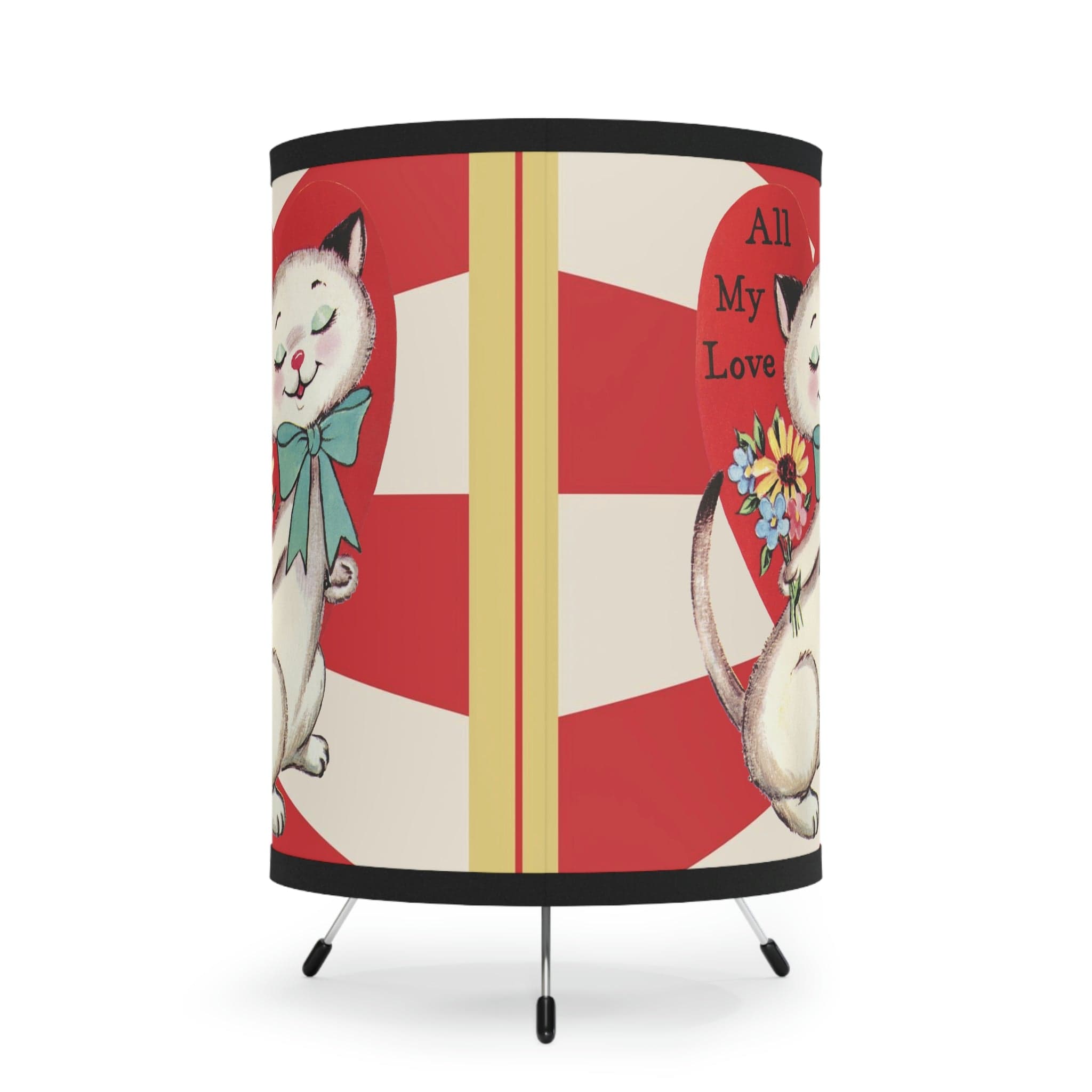 Vintage Valentine Kitschy Cat All My Love, Valentine, Red, Groovy, LOVE, Mid Mod Retro Tripod Lamp Home Decor One size / Black