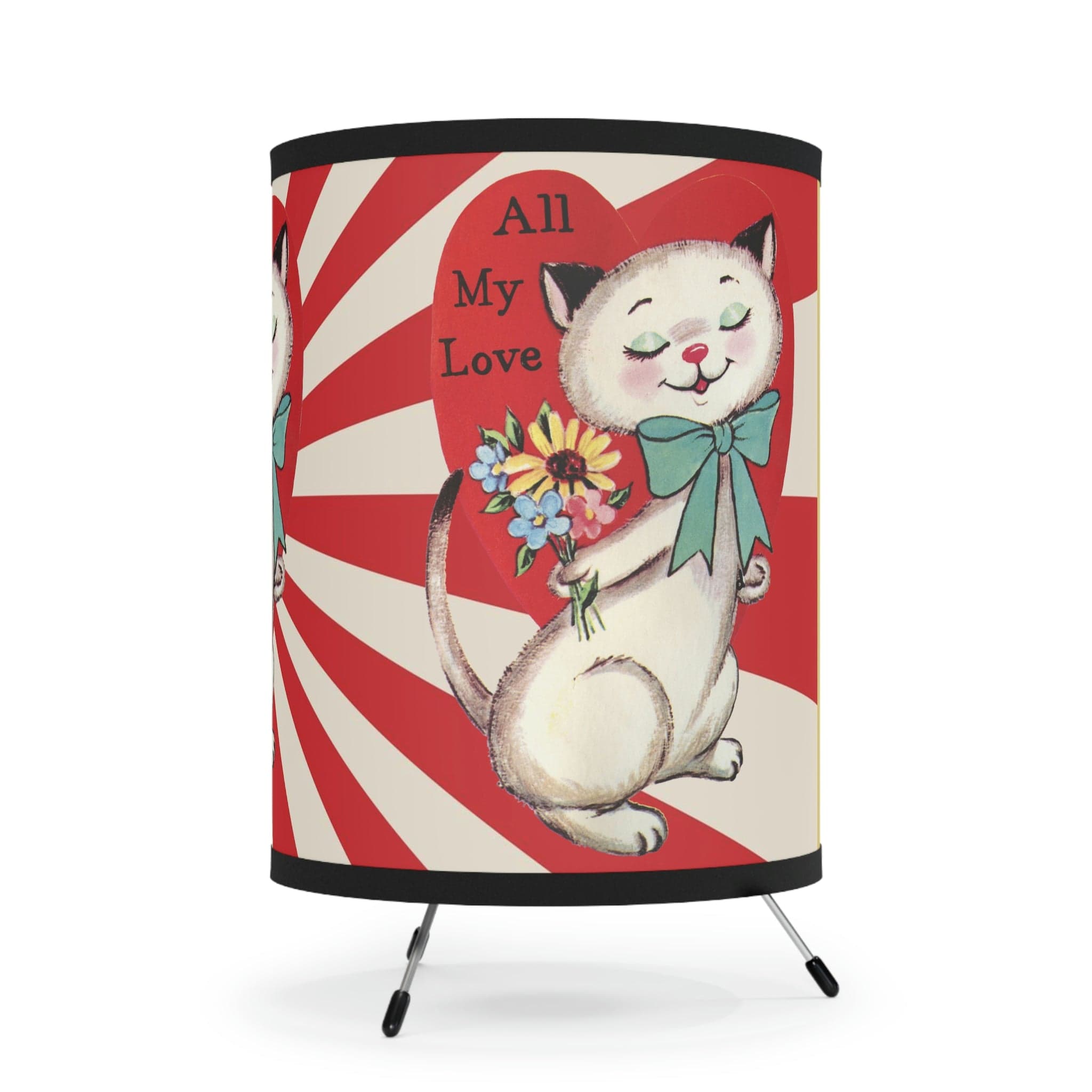 Vintage Valentine Kitschy Cat All My Love, Valentine, Red, Groovy, LOVE, Mid Mod Retro Tripod Lamp Home Decor One size / Black