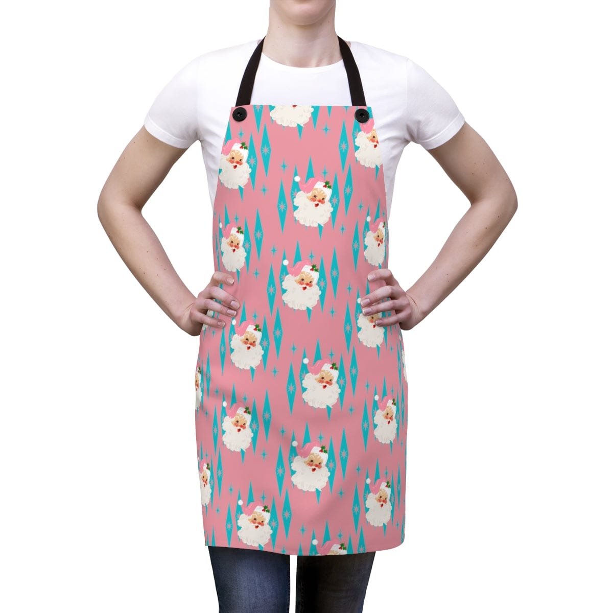 Christmas Baking, Cooking, Mid Century Modern Vintage Santa Pink, Aqua Blue Atomic Diamonds, Christmas Apron Gifts Accessories One Size