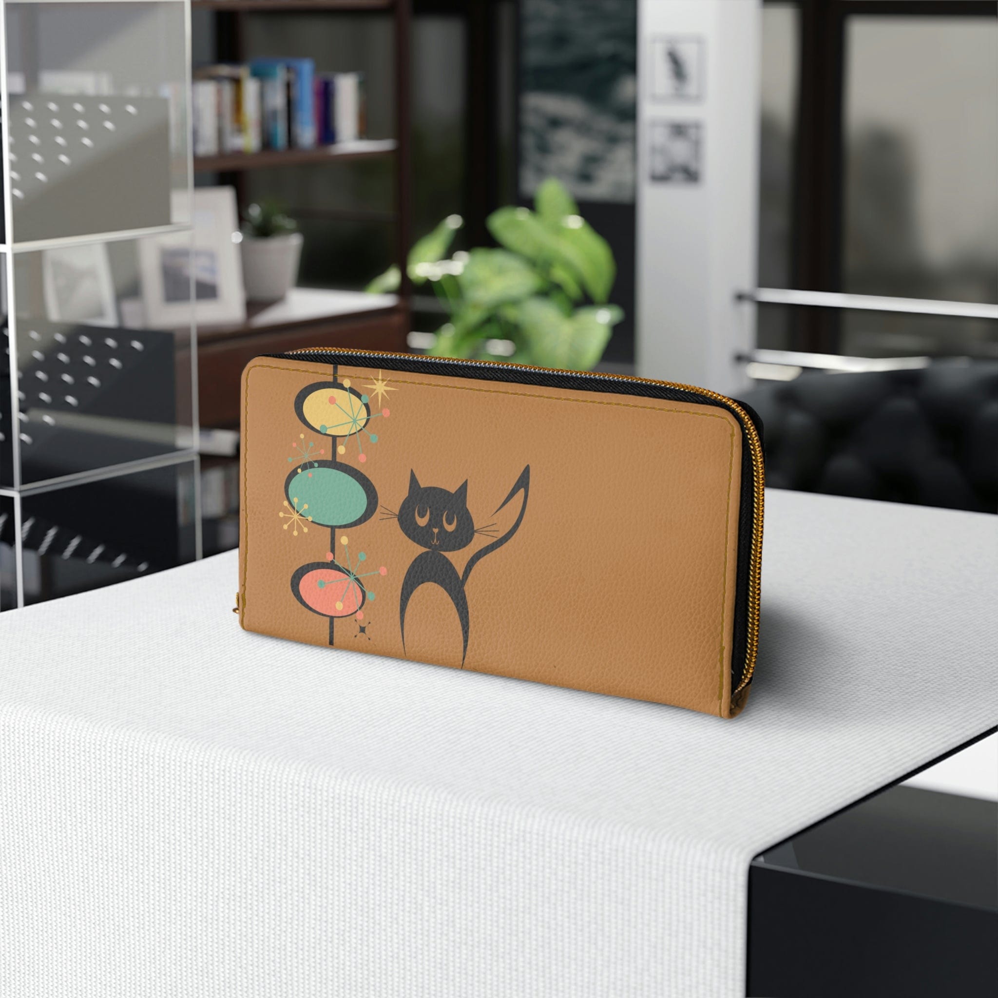 Atomic Kitschy Cat, Carmel Brown, Mid Century Modern Zipper Wallet Accessories One size / White