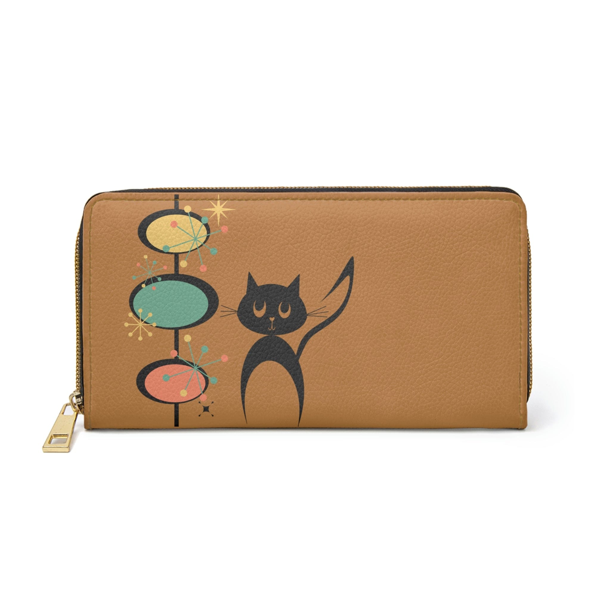 Atomic Kitschy Cat, Carmel Brown, Mid Century Modern Zipper Wallet Accessories One size / White