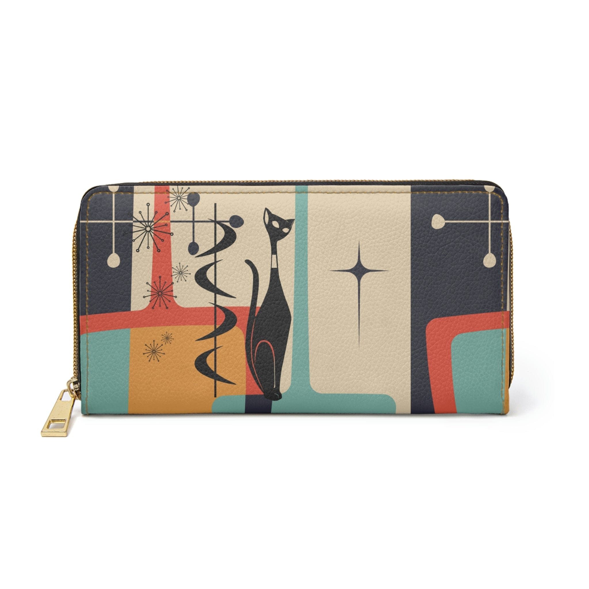 Mid Century Modern Atomic Cat, Geometric Print, Beige, Yellow, Orange, Retro Mod Zipper Wallet Accessories One size / White