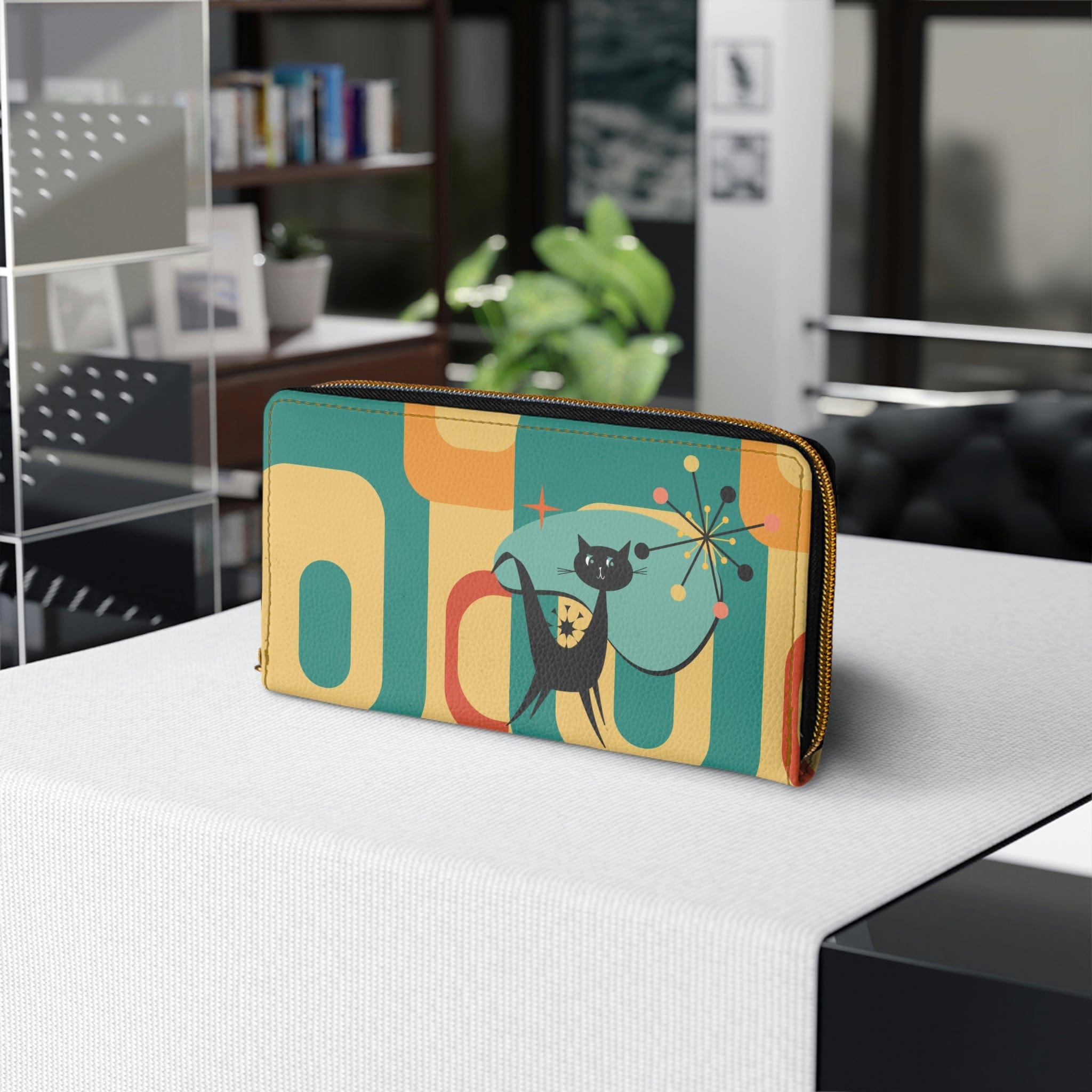 Mid Century Modern, Geometric Yellow, Teal Blue, Atomic Cat, Starburst, Retro Zipper Wallet Accessories One size / White