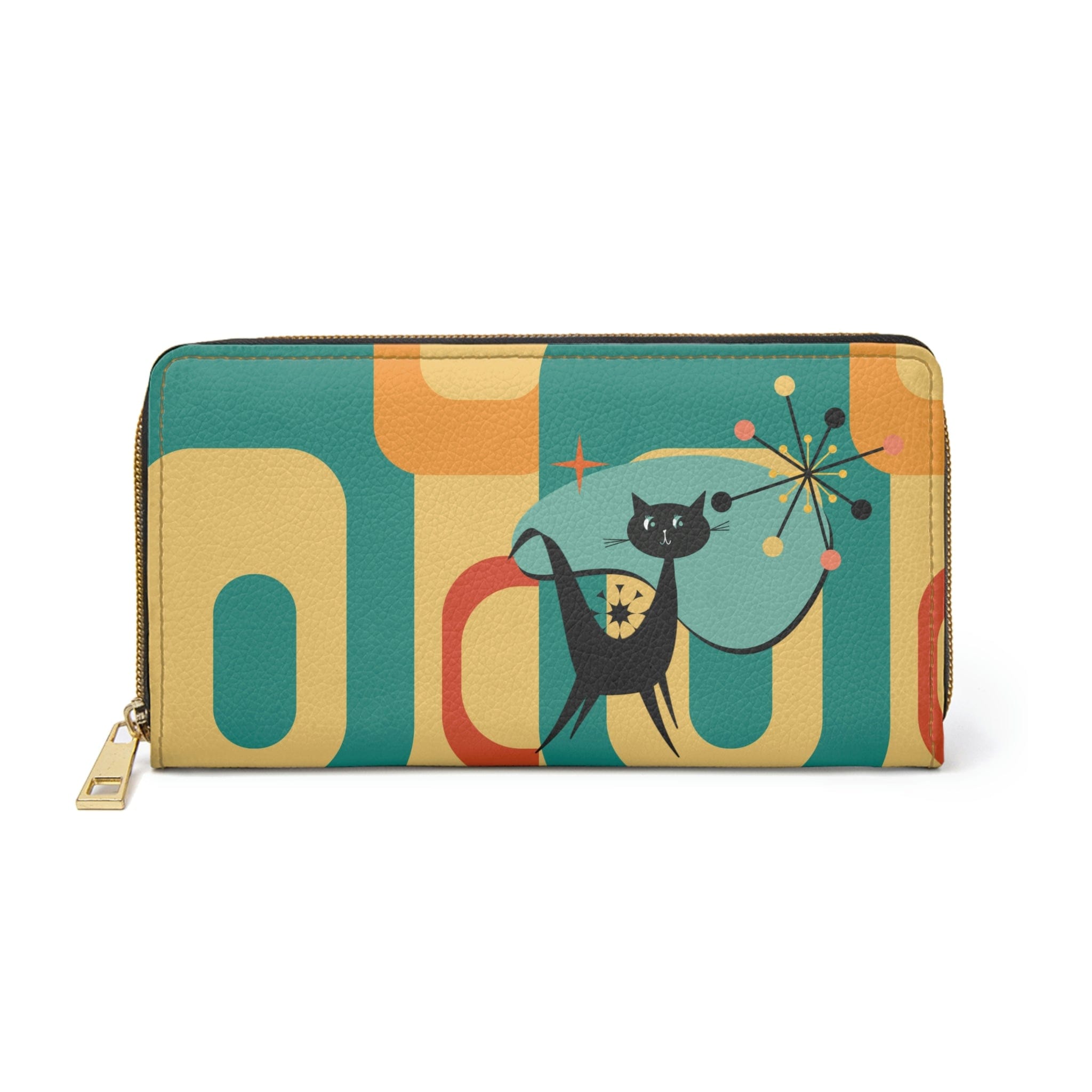 Mid Century Modern, Geometric Yellow, Teal Blue, Atomic Cat, Starburst, Retro Zipper Wallet Accessories One size / White