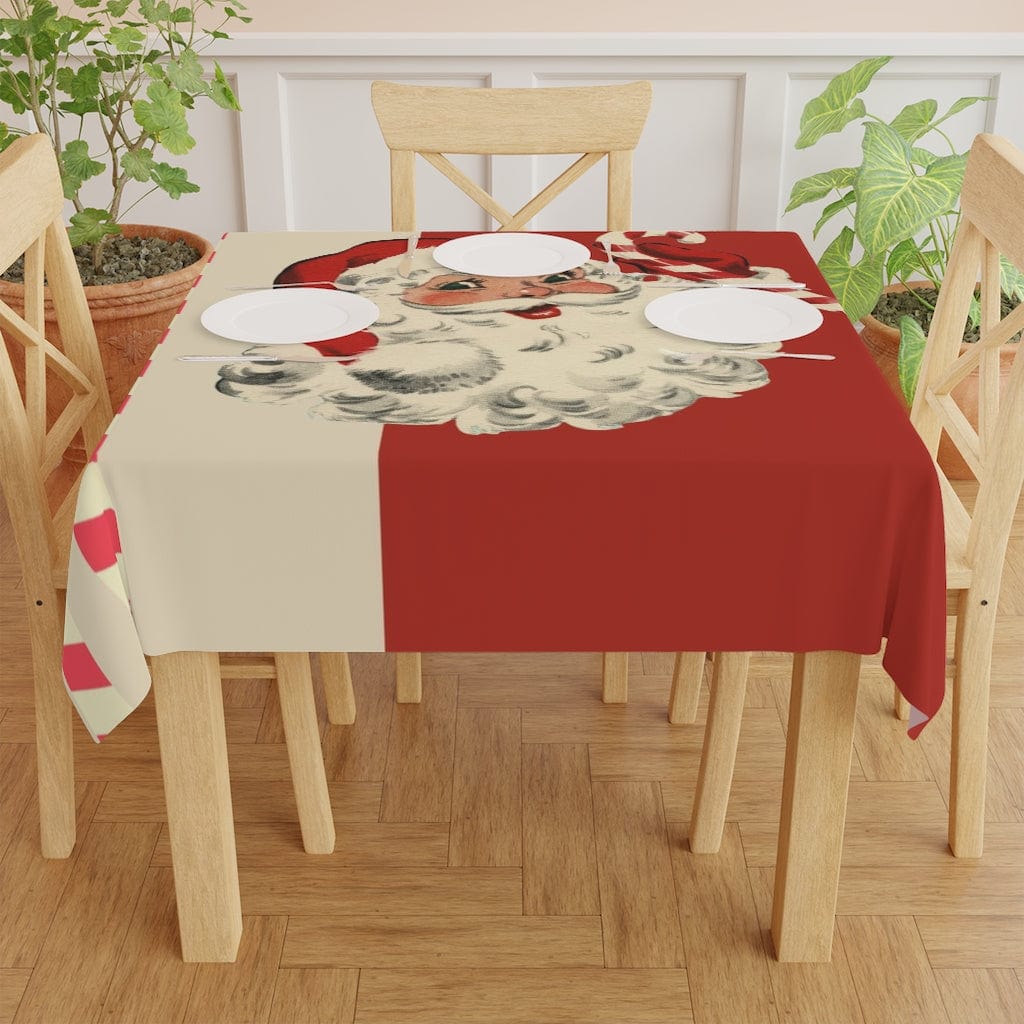 Vintage Santa Claus, Retro Christmas, Mid Century Modern Holiday, Cranberry Red, Beige, Candy Cane Stripe, Tablecloth Home Decor One size / White