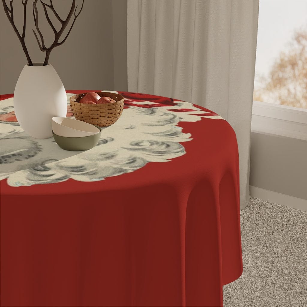 Vintage Santa Claus, Retro Christmas, Mid Century Modern Holiday, Cranberry Red, Beige, Candy Cane Stripe, Tablecloth Home Decor One size / White