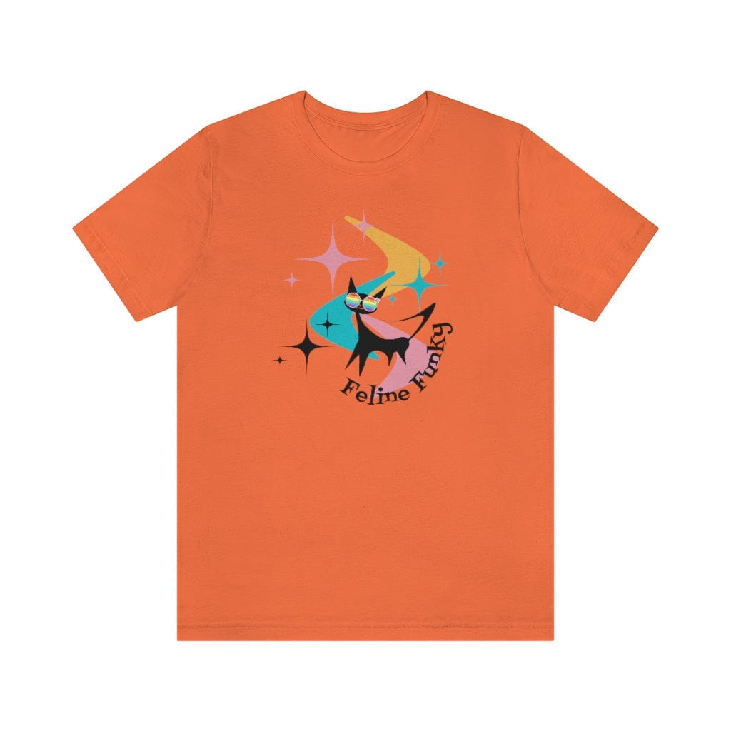 Mid Century Modern, Cat Mod, Black Cat Lover, Groovy, Funny Retro Tees, Feline Funky, MCM Boomerangs, Atomic Starburst Gifts For Her T-Shirt Orange / XS