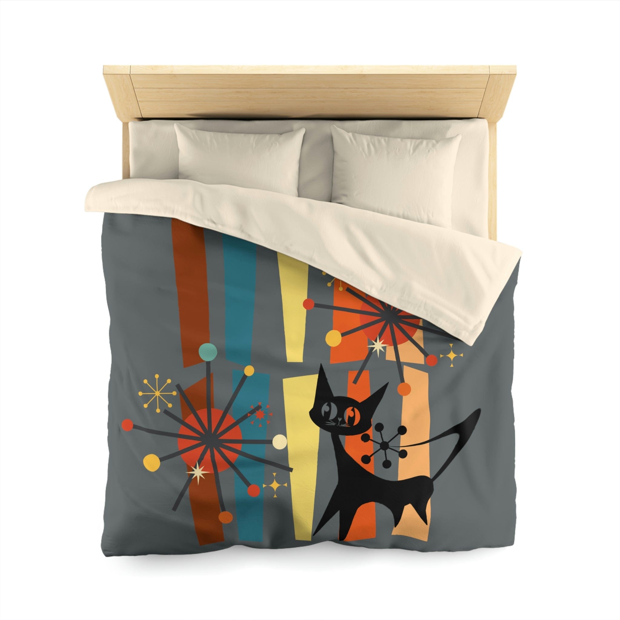 Atomic Cat, Kitschy Retro Geometric, Mid Century Modern, Slate Gray, Orange, Brown, Mod Black Cat Lover, Minimalist Duvet Bedding Home Decor Queen / Cream