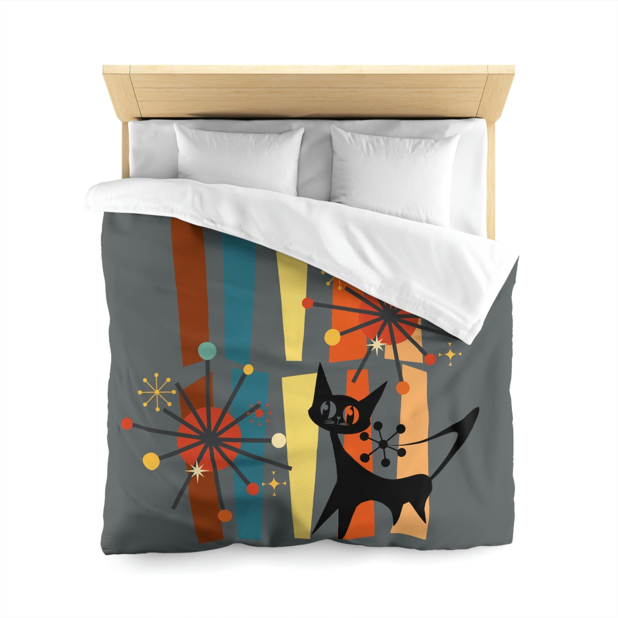 Atomic Cat, Kitschy Retro Geometric, Mid Century Modern, Slate Gray, Orange, Brown, Mod Black Cat Lover, Minimalist Duvet Bedding Home Decor Queen / White