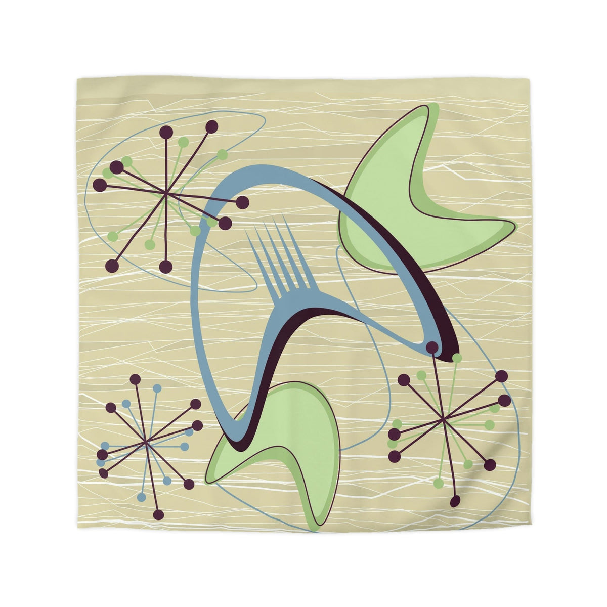 Mid Century Modern Atomic Boomerang, Retro, Green, Blue, Starburst, Sputnik Modern Duvet Cover Home Decor Queen / White