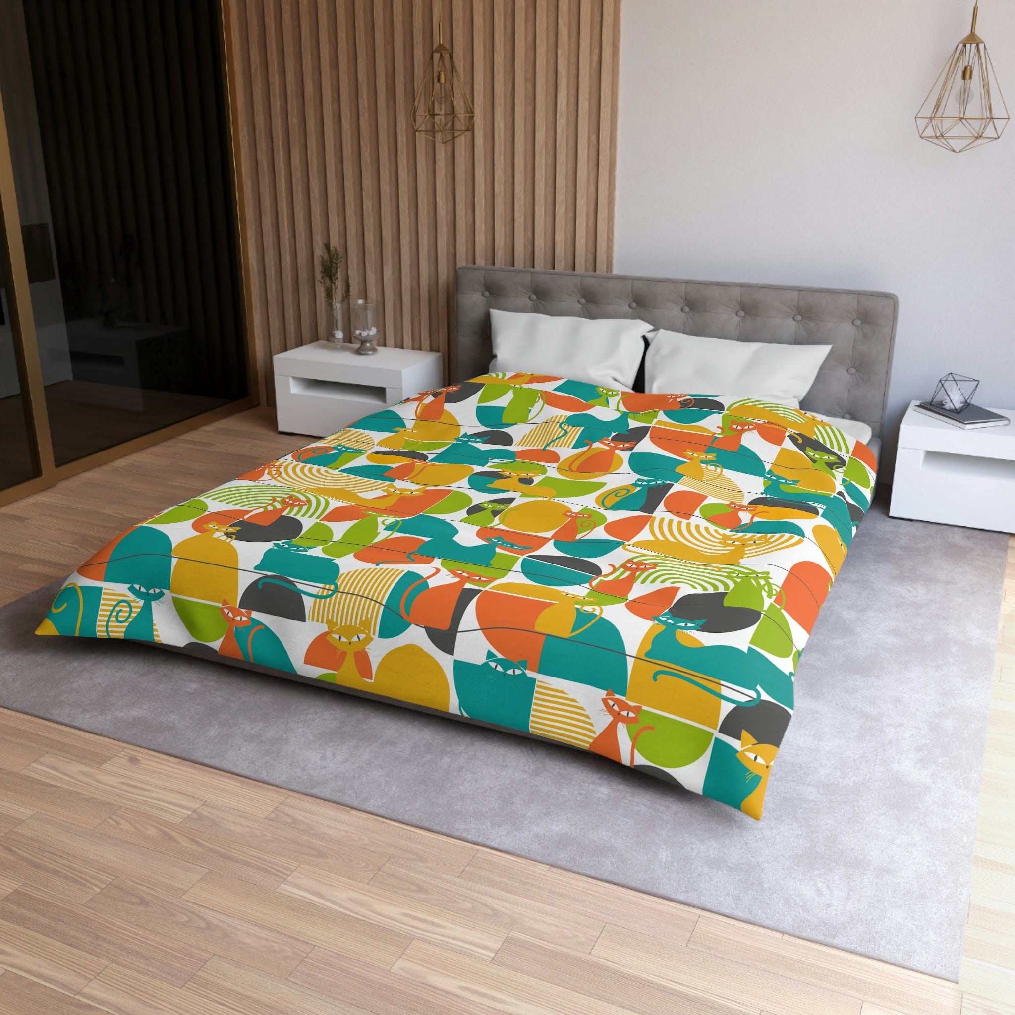 Mid Mod, Atomic Kitties, Funky Orange, Blue, Yellow Green, Geometric Queen Size Microfiber Duvet Cover Home Decor Queen / White