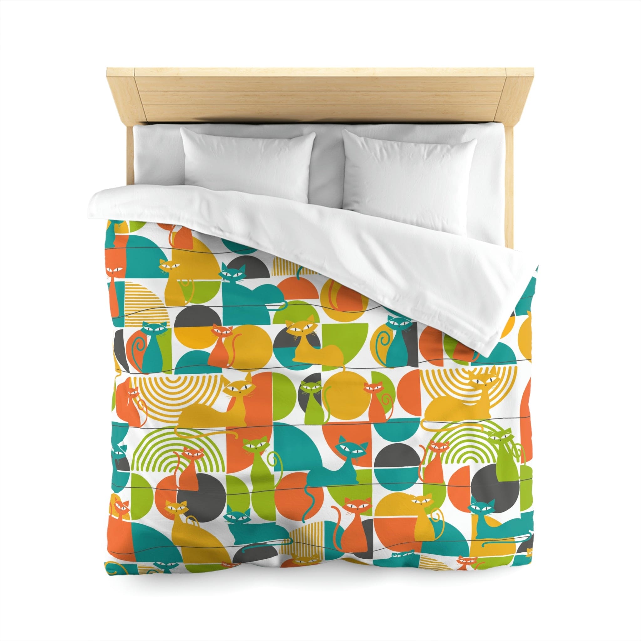 Mid Mod, Atomic Kitties, Funky Orange, Blue, Yellow Green, Geometric Queen Size Microfiber Duvet Cover Home Decor Queen / White