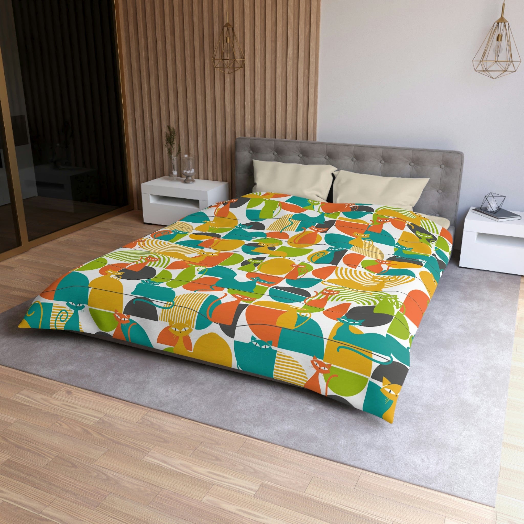 Mid Mod, Atomic Kitties, Funky Orange, Blue, Yellow Green, Geometric Queen Size Microfiber Duvet Cover Home Decor Queen / White