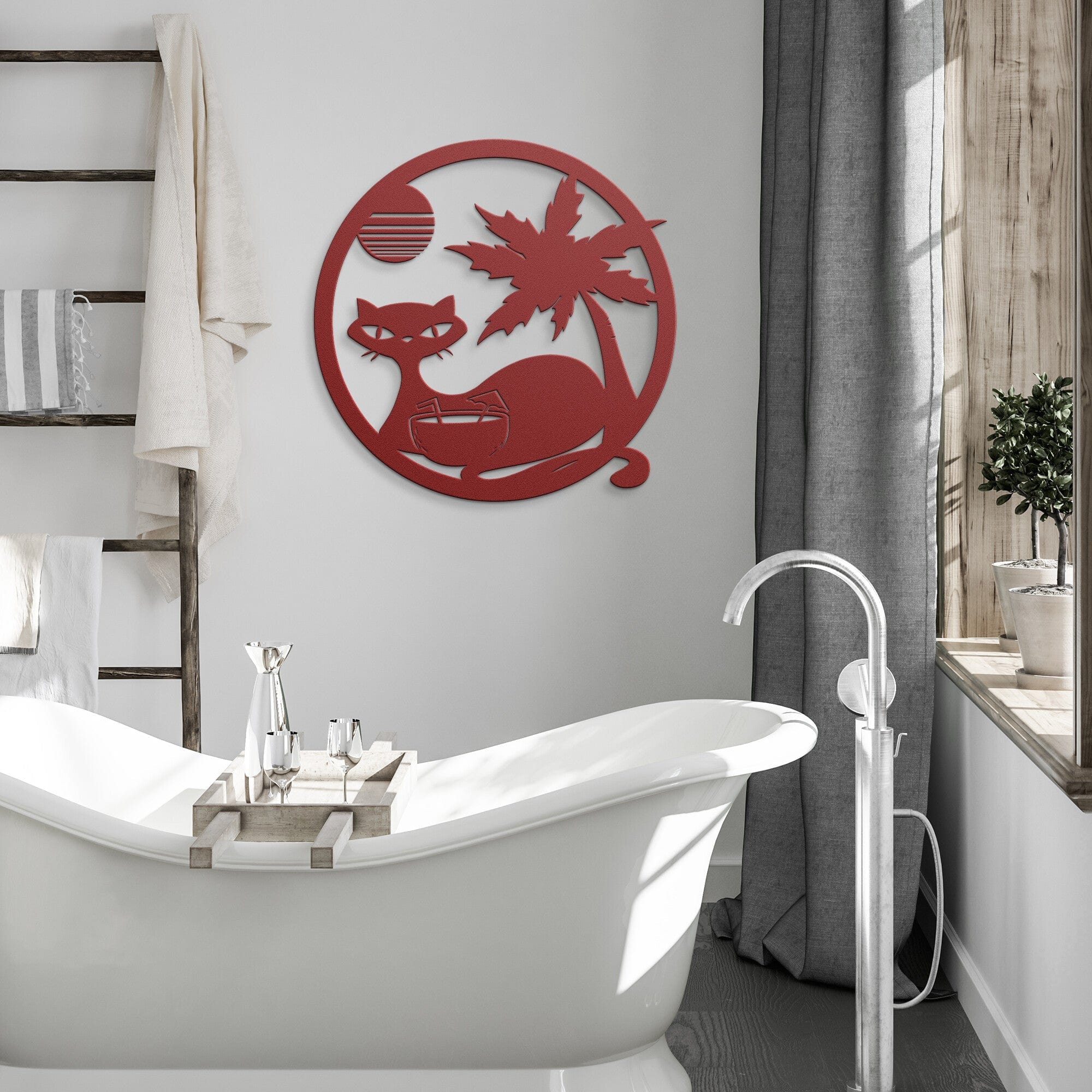 Atomic Cat, Tropical Palm Tree Decor, Retro, Poolside, Cocktail Mid Century Modern Art Wall Art Red / 12 Inch