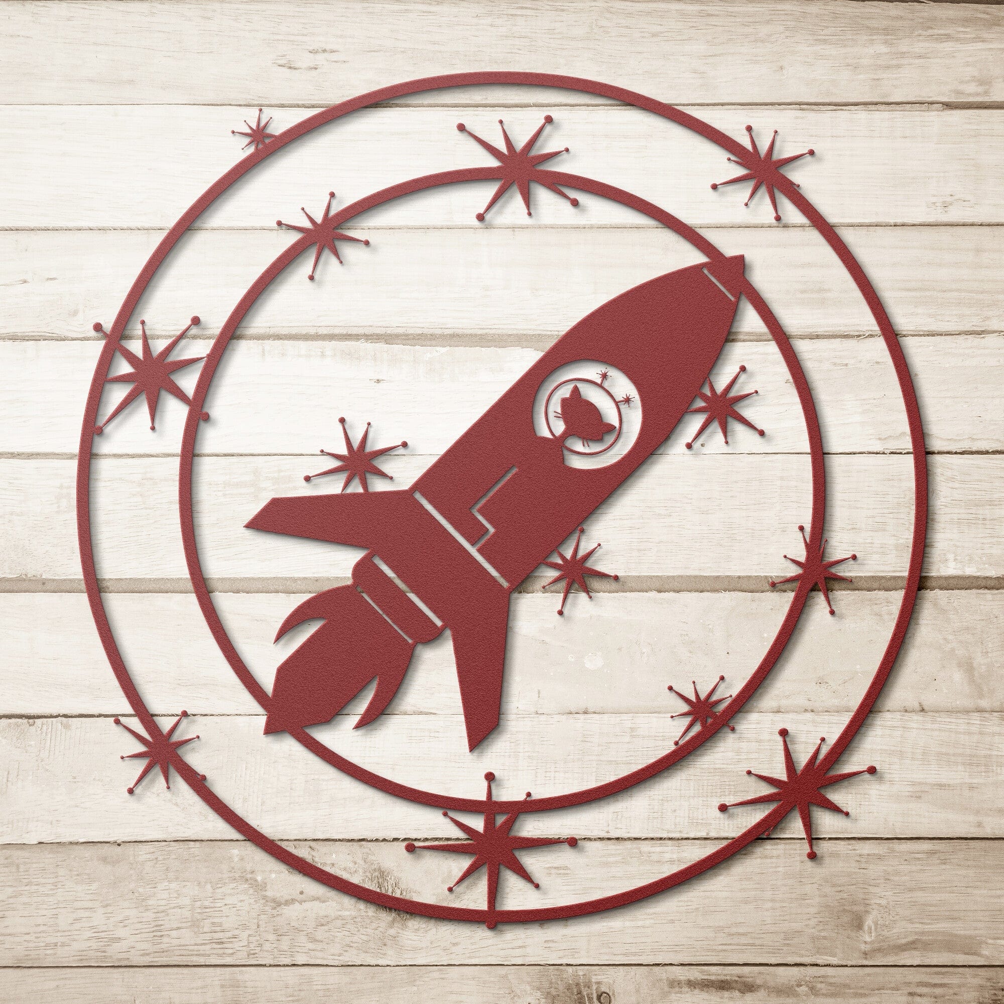 Atomic Space, Mod Cat, Retro Mid Century Modern Metal Wall Art Wall Art Red / 12 Inch