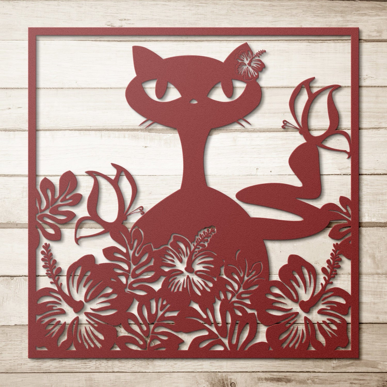 Hawaiian Retro, Mid Mod Cat, Hibiscus Flowers, Tropical Mid Century Modern Wall Art Wall Art Red / 12 Inch