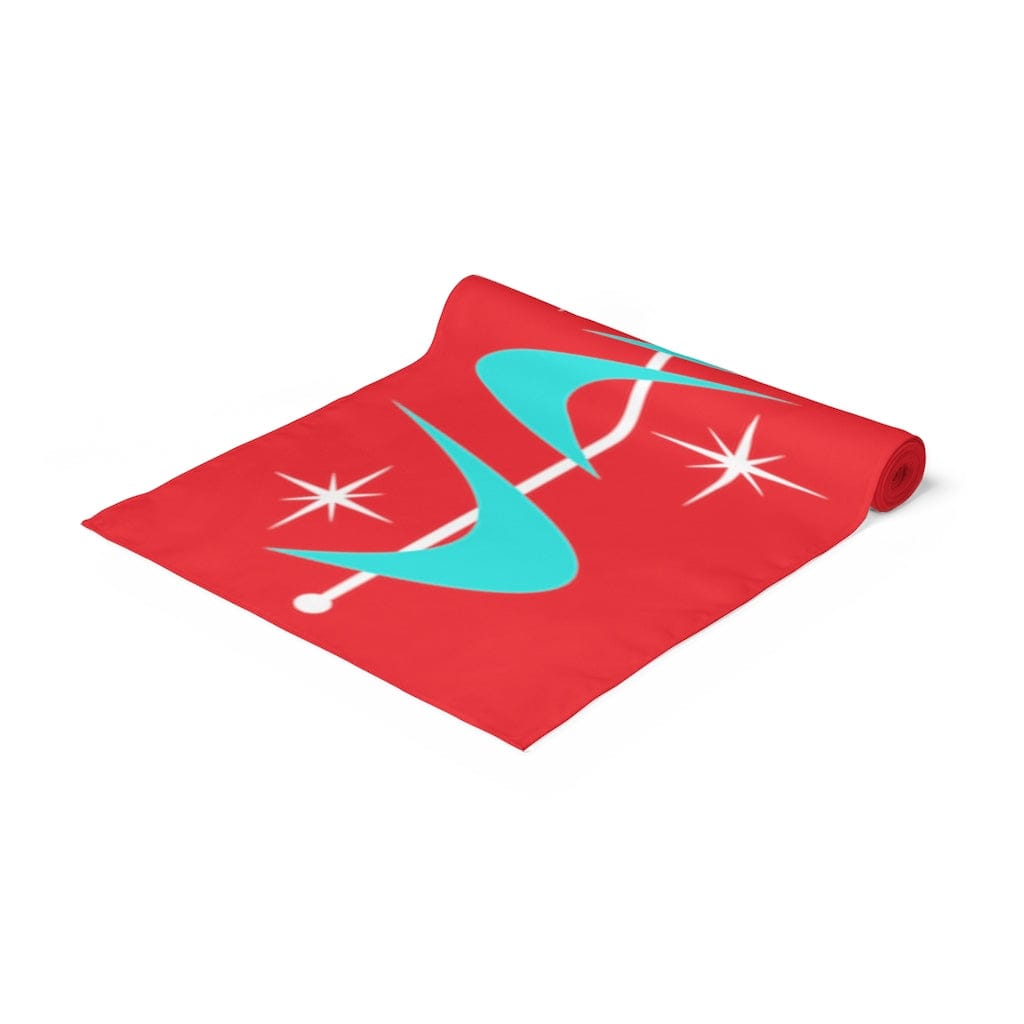 Mid Century Modern, Retro Red, Atomic Boomerang MCM. Aqua Blue Starburst Table Runner Home Decor Red-Aqua / 90&