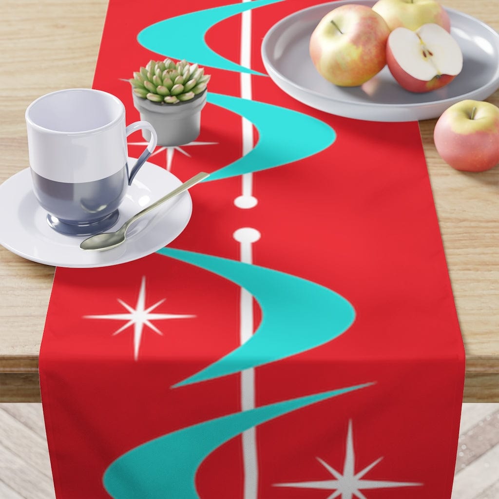 Mid Century Modern, Retro Red, Atomic Boomerang MCM. Aqua Blue Starburst Table Runner Home Decor Red-Aqua / 90&