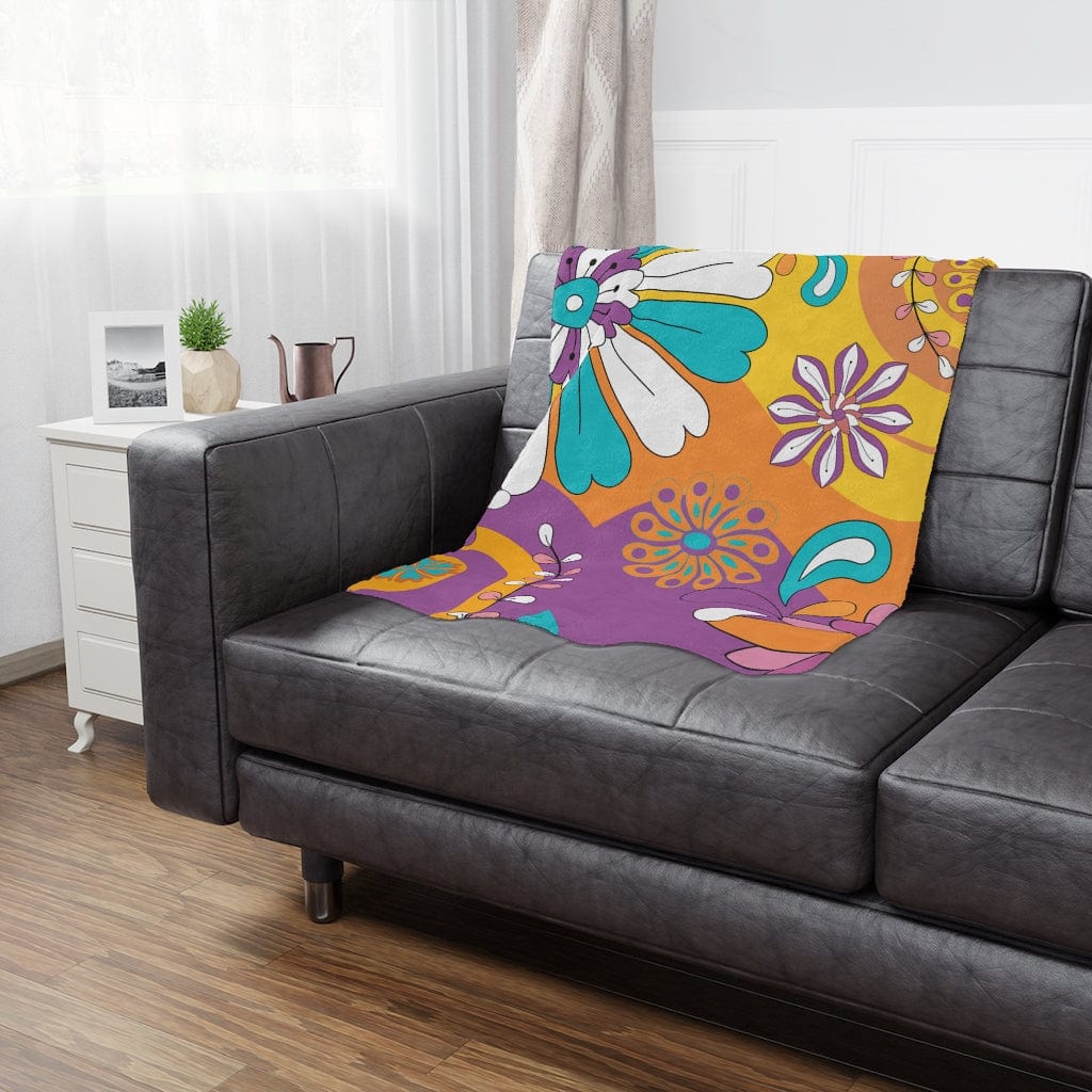 Retro 60's 70's, Groovy, Purple, Aqua, Orange, Hippie Flowers, Hipster Mid Mod Minky Soft Blanket Home Decor