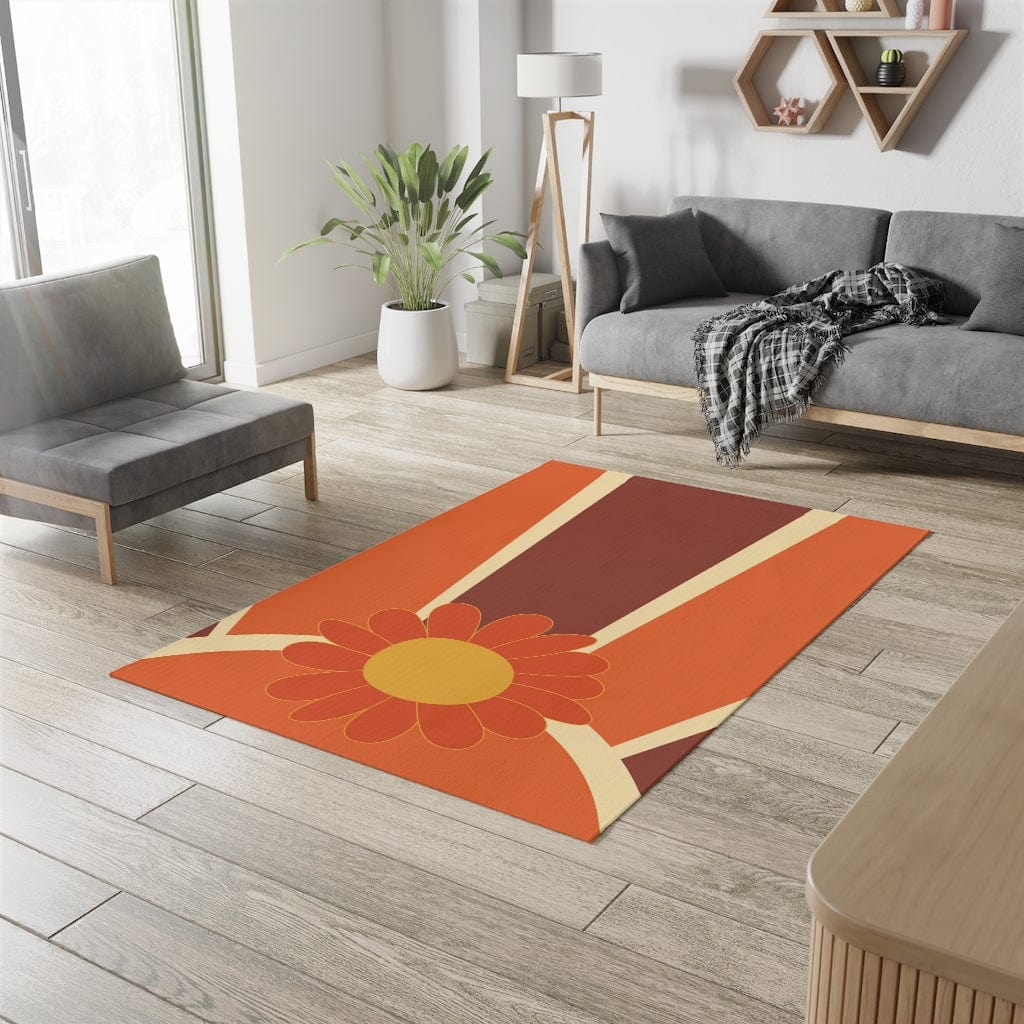 Retro 60's 70's. Mod Flower, Brown, Orange, Yellow, MCM Groovy Sunburst, Mid Century Modern Area Rug Home Decor