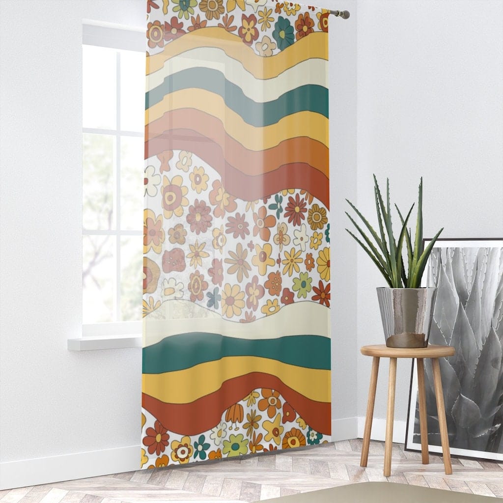 Retro 70's Groovy Flower, Abstract, Teal, Yellow, Brown, Mod Daisy SHEER Window Curtain
