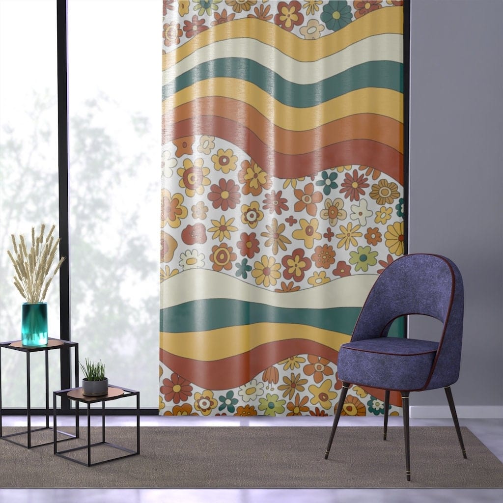 Retro 70's Groovy Flower, Abstract, Teal, Yellow, Brown, Mod Daisy SHEER Window Curtain