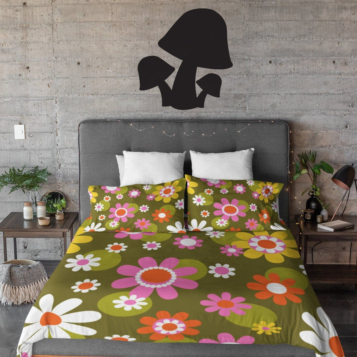 Retro 70's Groovy Flower Power Hippie, Green, Pink, White, Yellow Mod Daisy Mid Century Modern Microfiber Duvet Cover