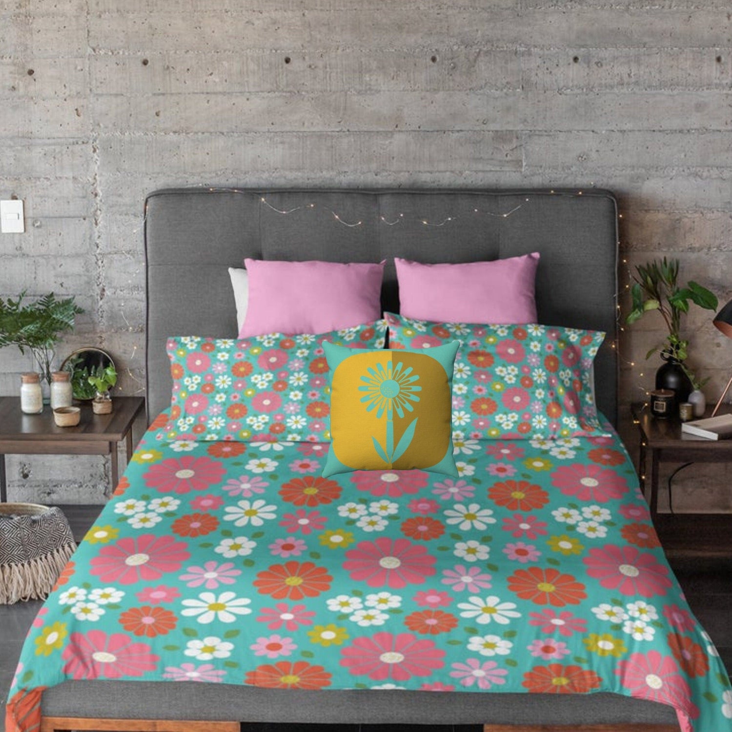 Retro Bedding 1970s Funky Retro Turquoise, Pink, White Daisy Flower Modern, Groovy Hipster Home Decor, Microfiber Duvet Cover