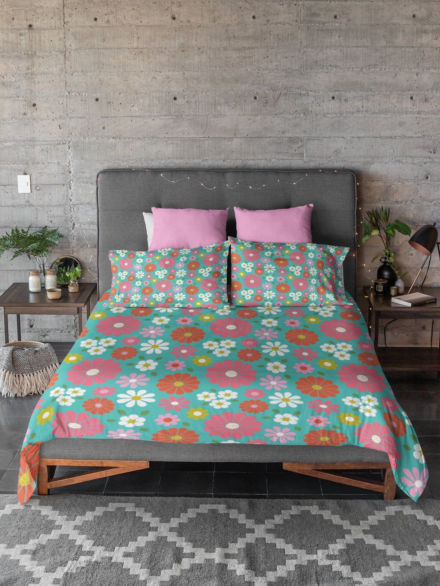 Retro Bedding 1970s Funky Retro Turquoise, Pink, White Daisy Flower Modern, Groovy Hipster Home Decor, Microfiber Duvet Cover