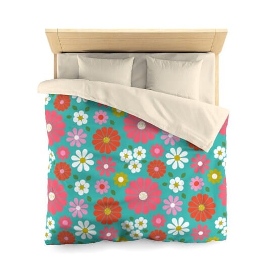 Retro Bedding 1970s Funky Retro Turquoise, Pink, White Daisy Flower Modern, Groovy Hipster Home Decor, Microfiber Duvet Cover