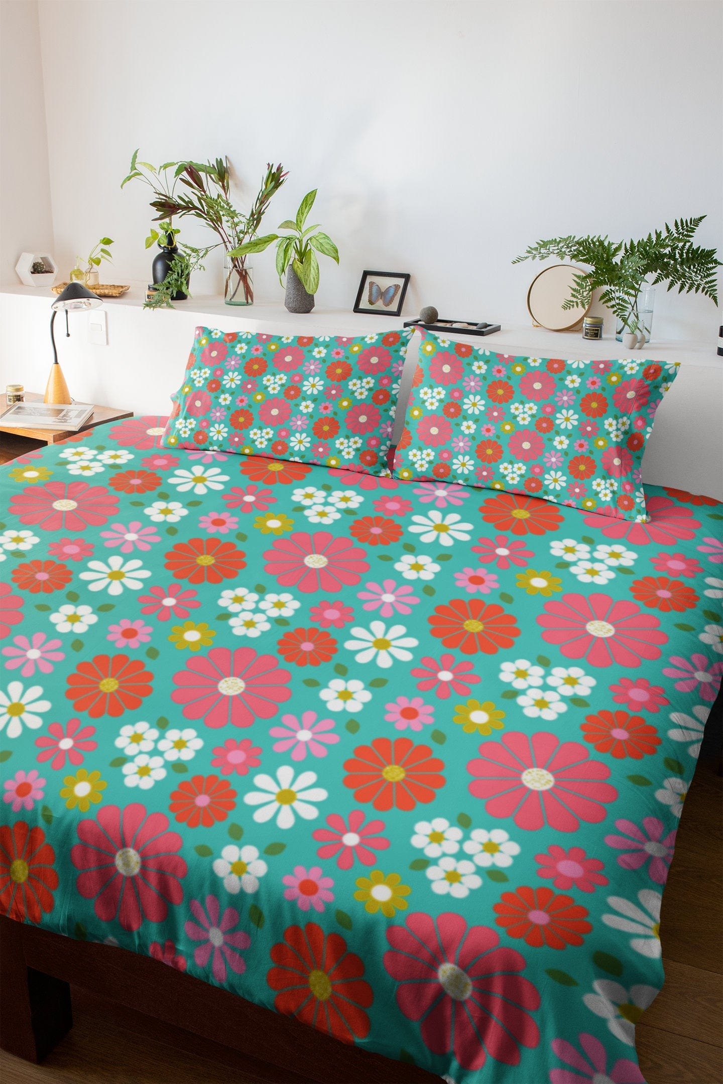 Retro Bedding 1970s Funky Retro Turquoise, Pink, White Daisy Flower Modern, Groovy Hipster Home Decor, Microfiber Duvet Cover