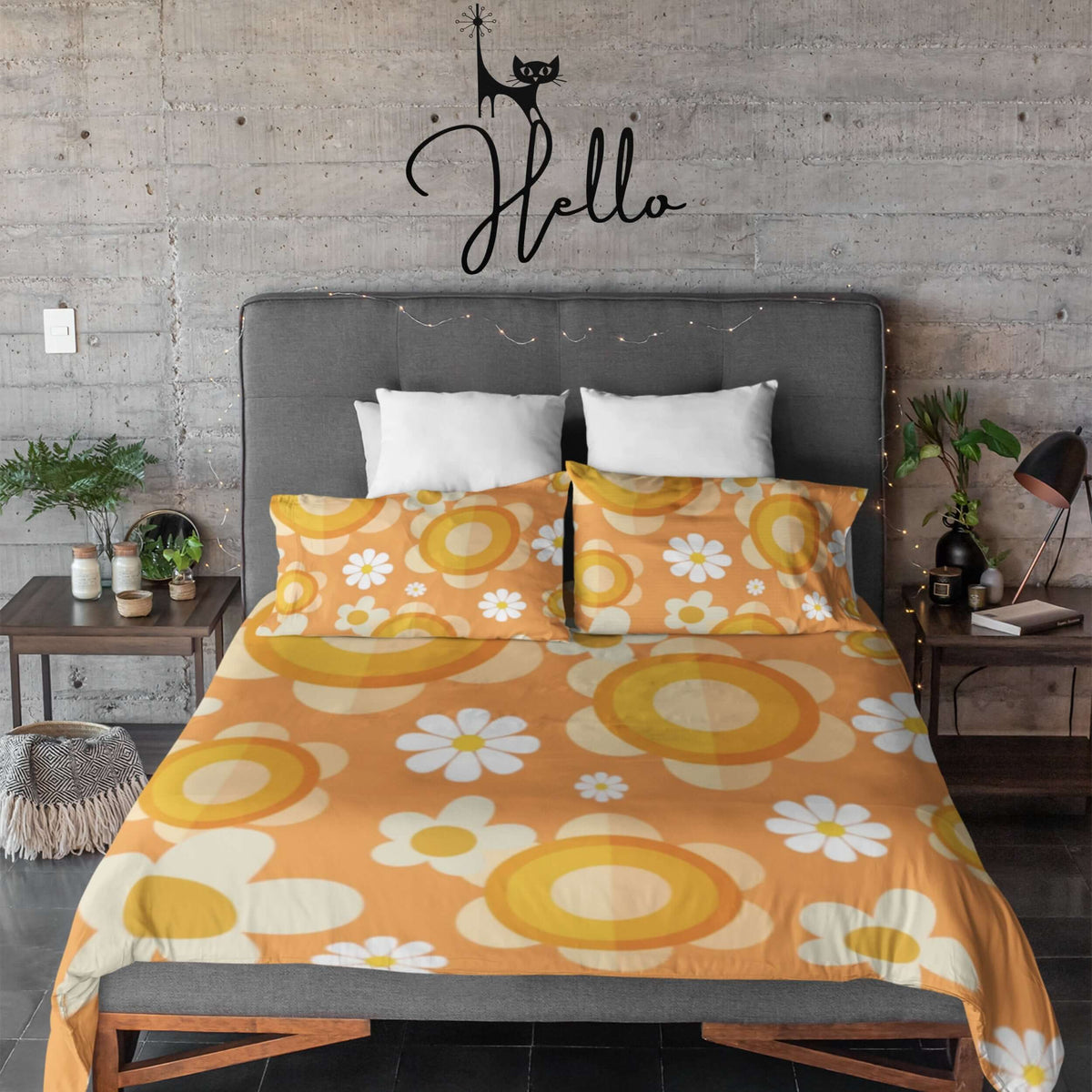 Retro Bedding Orange, White, Mod Daisy 70's Funky Groovy Hippie Queen Microfiber Duvet Cover