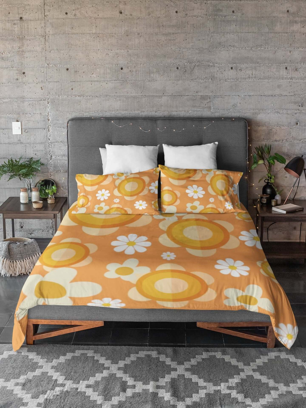 Retro Bedding Orange, White, Mod Daisy 70's Funky Groovy Hippie Queen Microfiber Duvet Cover