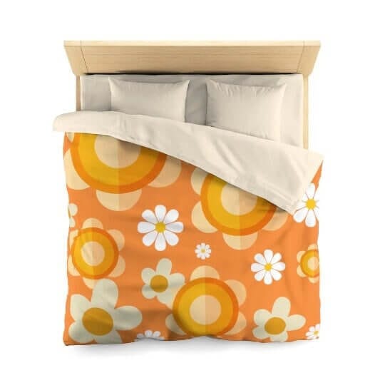 Retro Bedding Orange, White, Mod Daisy 70's Funky Groovy Hippie Queen Microfiber Duvet Cover