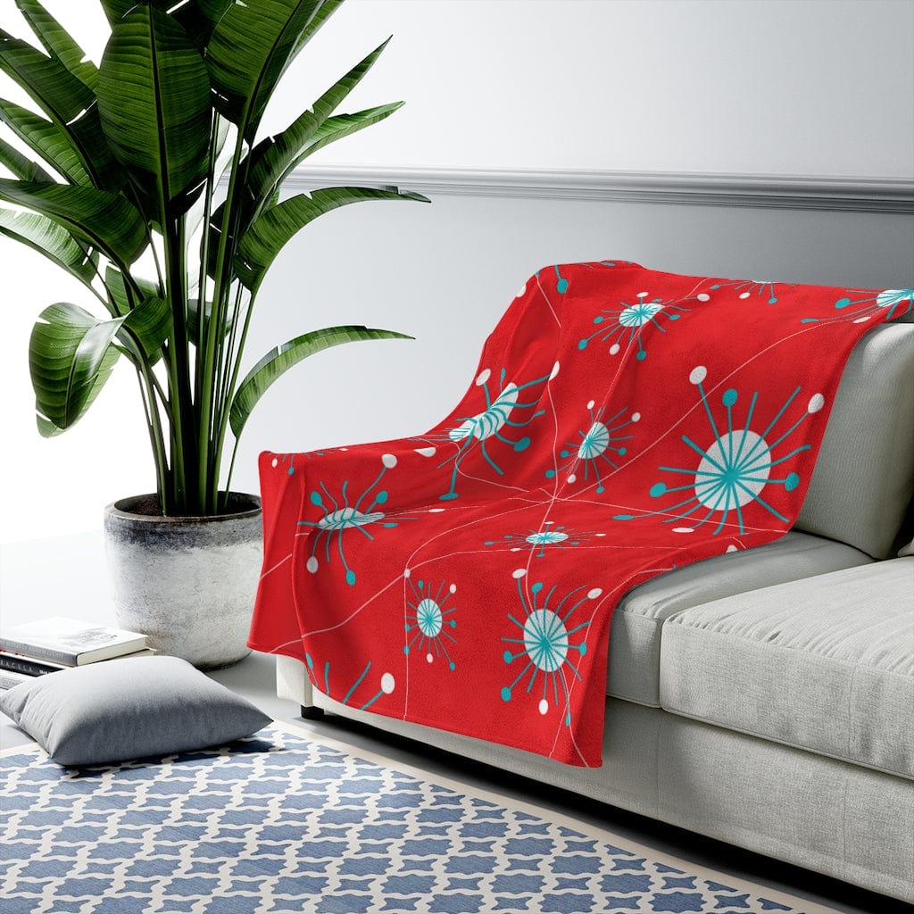 Retro Blanket Atomic Astro Star Burst Aqua Blue, White Mid Century Modern Red THIN Velveteen Plush Blanket All Over Prints