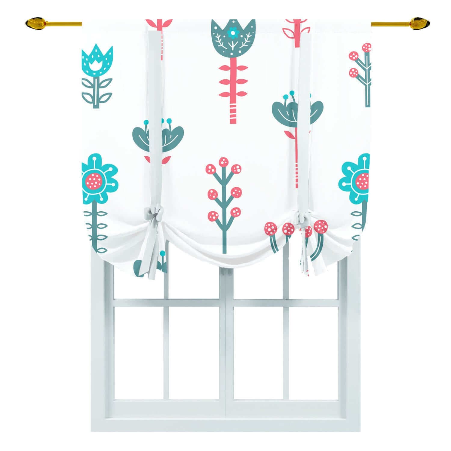 Retro Boho Denmark Designs, Scandinavian Flower, Pink, Teal, Aqua Tie Up Curtain Curtains