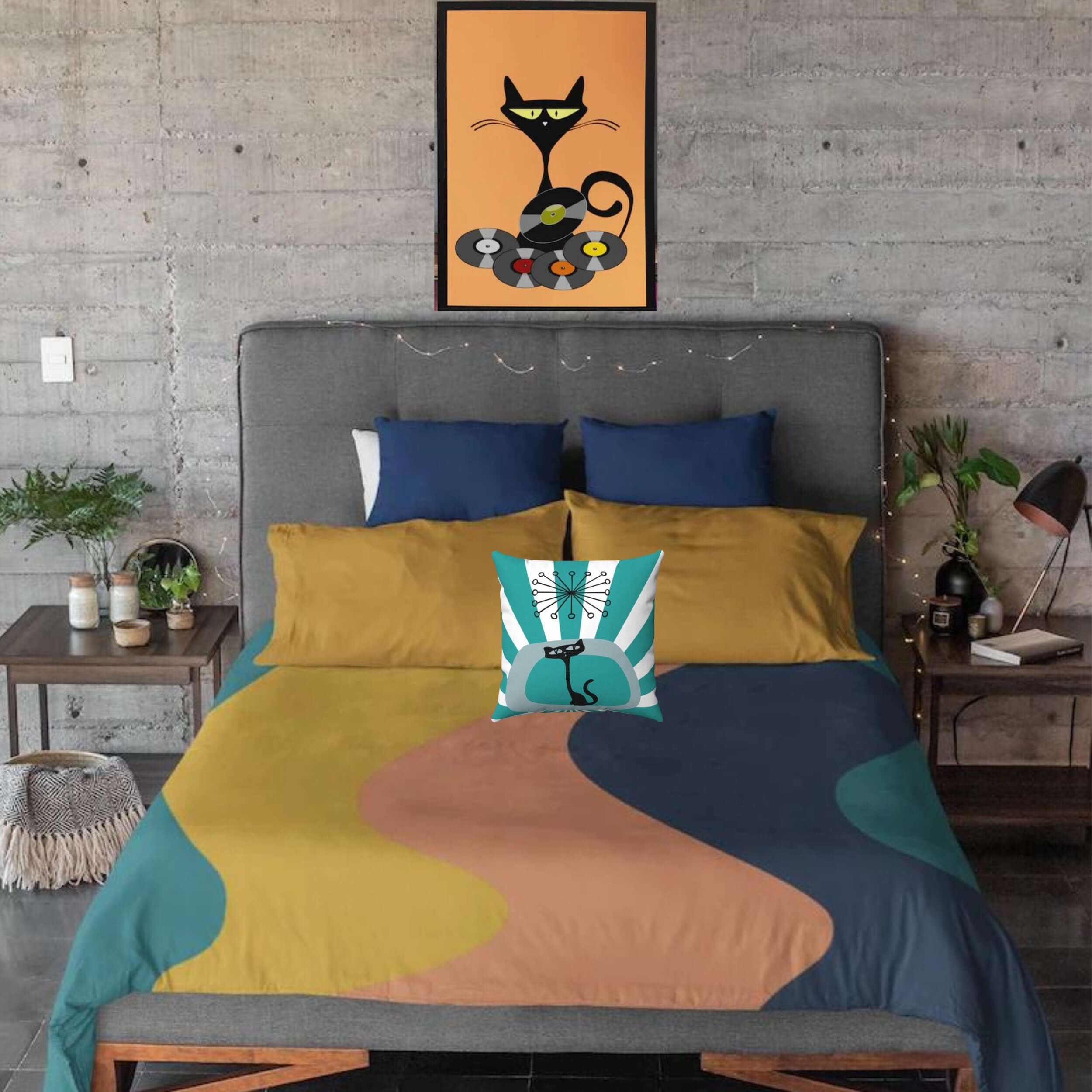 Retro Boho Mid Century Modern Wave Blue, Peach,Golden Yellow Microfiber Duvet Cover