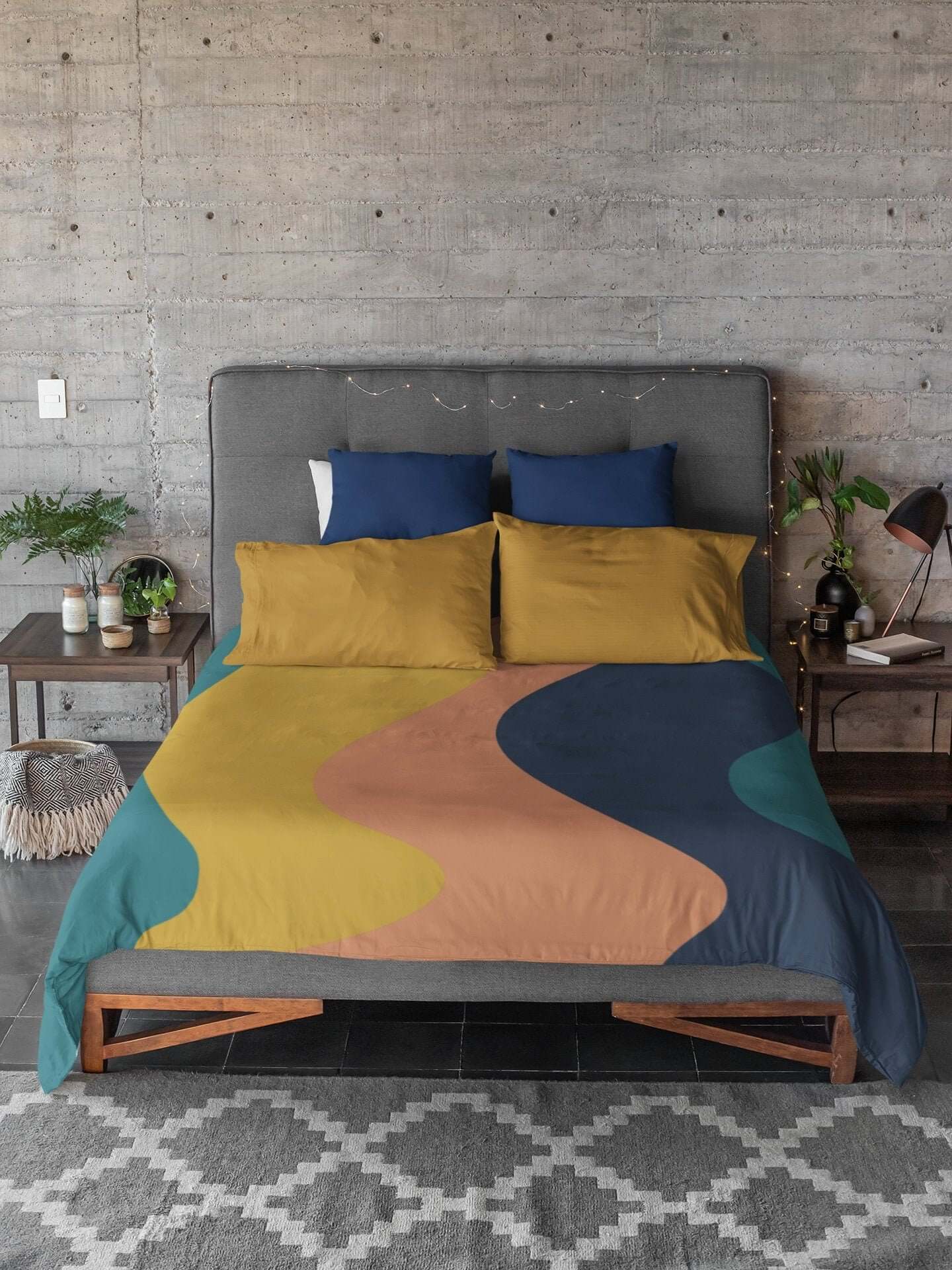 Retro Boho Mid Century Modern Wave Blue, Peach,Golden Yellow Microfiber Duvet Cover