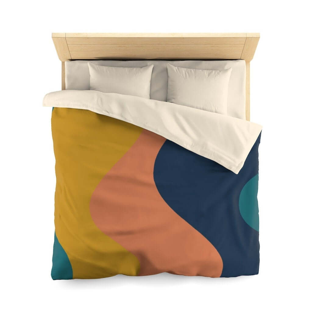 Retro Boho Mid Century Modern Wave Blue, Peach,Golden Yellow Microfiber Duvet Cover