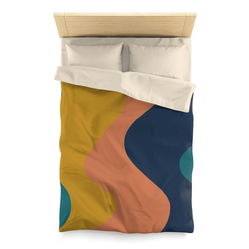 Retro Boho Mid Century Modern Wave Blue, Peach,Golden Yellow Microfiber Duvet Cover