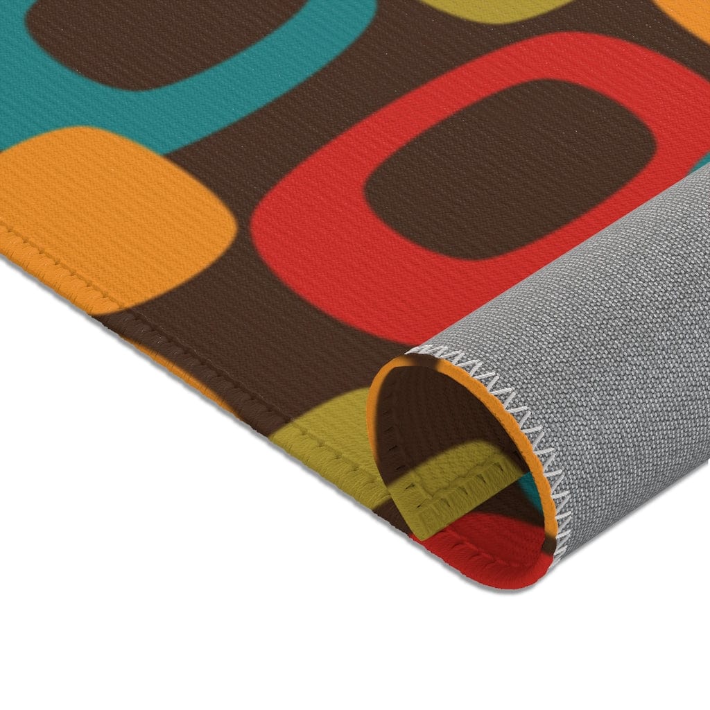 Retro Chocolate Brown Geometric Groovy Teal Blue, Green, Yellow, Burnt Orange, Mid Century Modern Area Rugs Home Decor