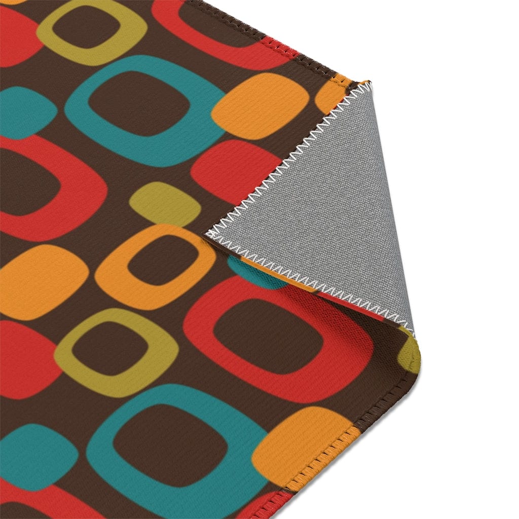 Retro Chocolate Brown Geometric Groovy Teal Blue, Green, Yellow, Burnt Orange, Mid Century Modern Area Rugs Home Decor