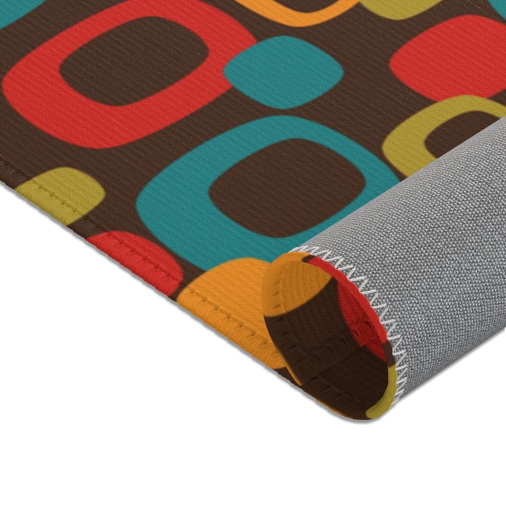 Retro Chocolate Brown Geometric Groovy Teal Blue, Green, Yellow, Burnt Orange, Mid Century Modern Area Rugs Home Decor