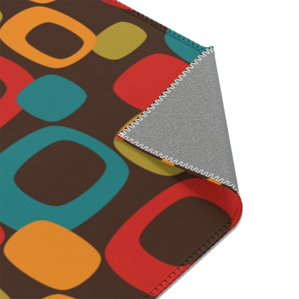 Retro Chocolate Brown Geometric Groovy Teal Blue, Green, Yellow, Burnt Orange, Mid Century Modern Area Rugs Home Decor