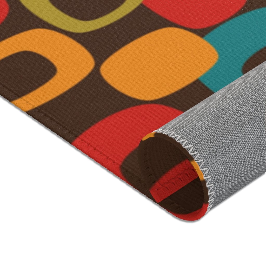 Retro Chocolate Brown Geometric Groovy Teal Blue, Green, Yellow, Burnt Orange, Mid Century Modern Area Rugs Home Decor